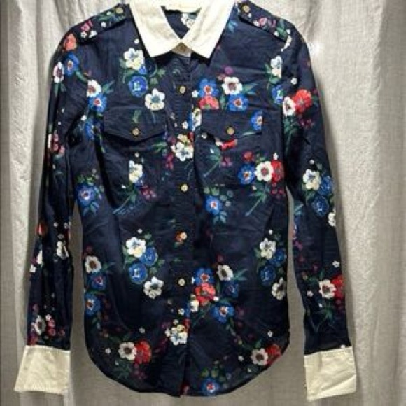 TORY BURCH Pansy Floral Print Button Down Shirt Contrast Collar - Picture 2 of 9
